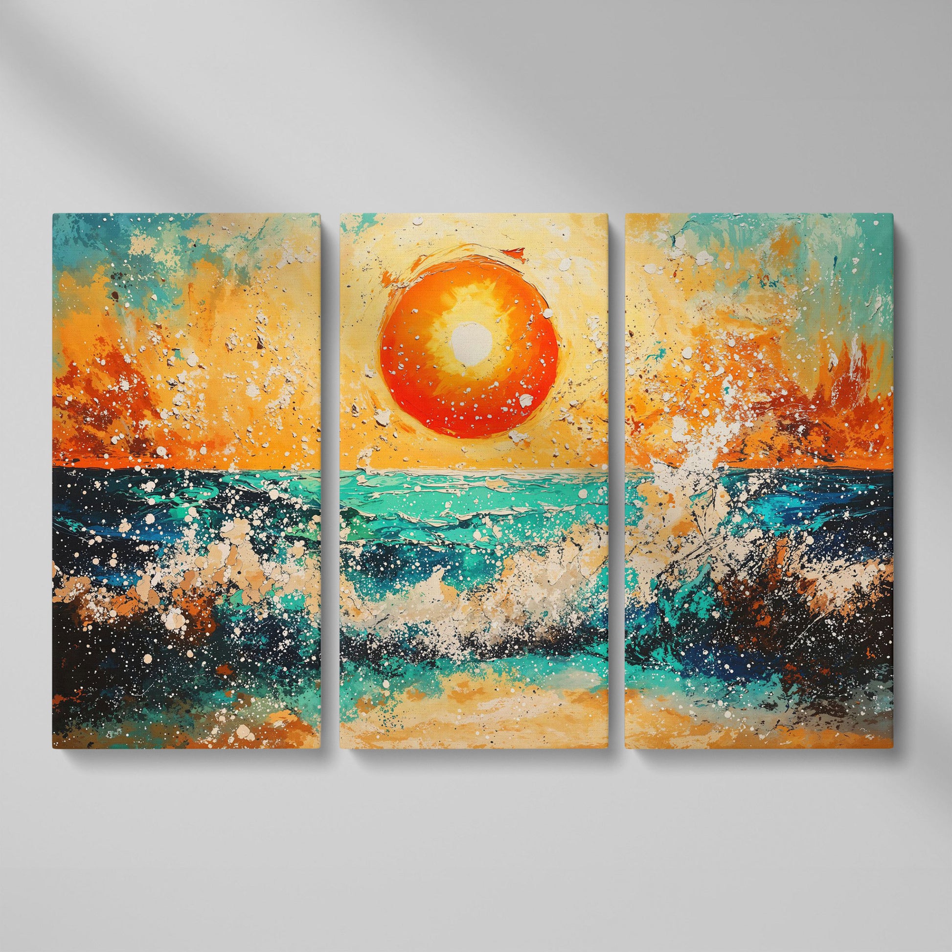Ocean Sunset with Crashing Waves Canvas Wall Art as 3-panel split version