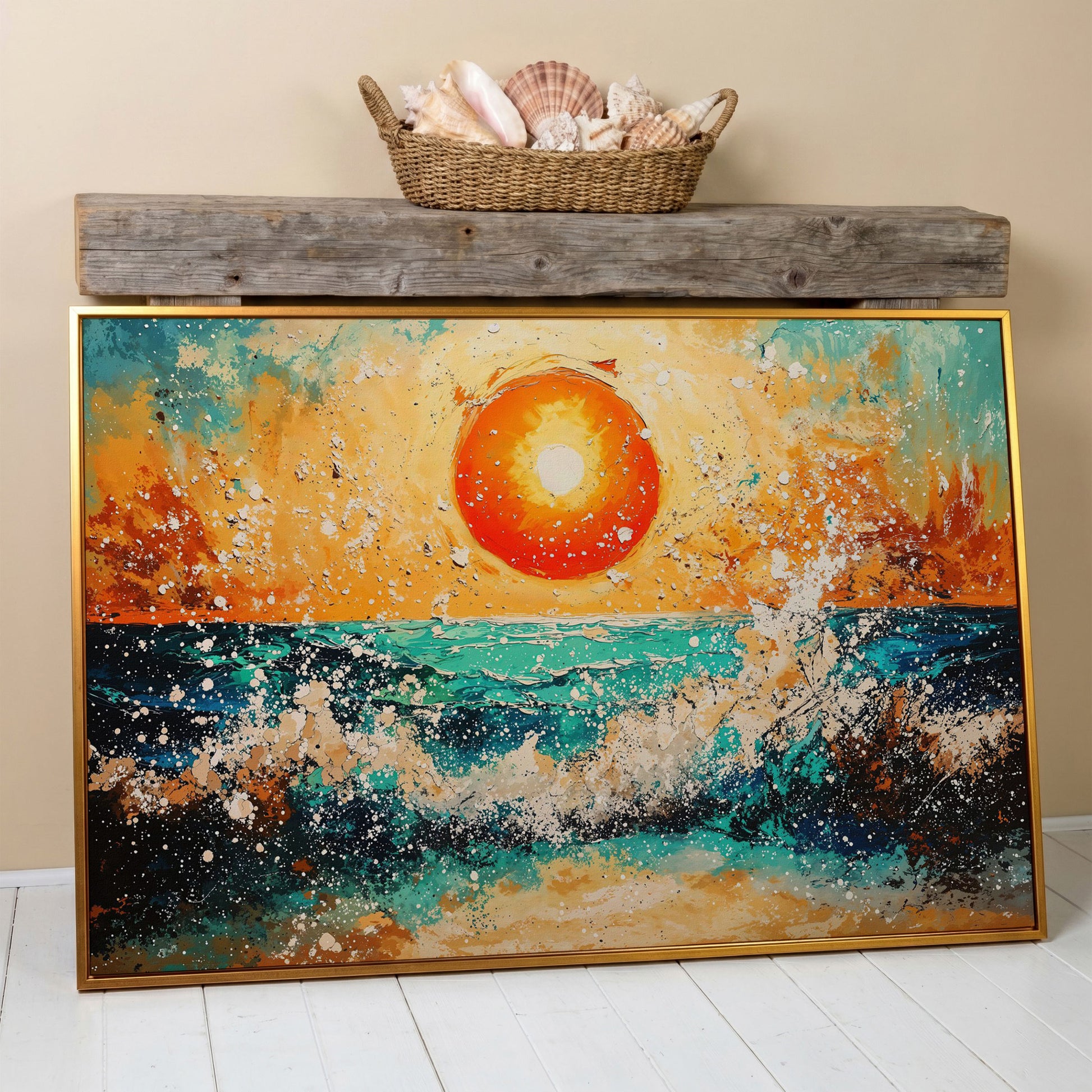 Ocean Sunset with Crashing Waves Canvas Wall Art in antique gold floating frame