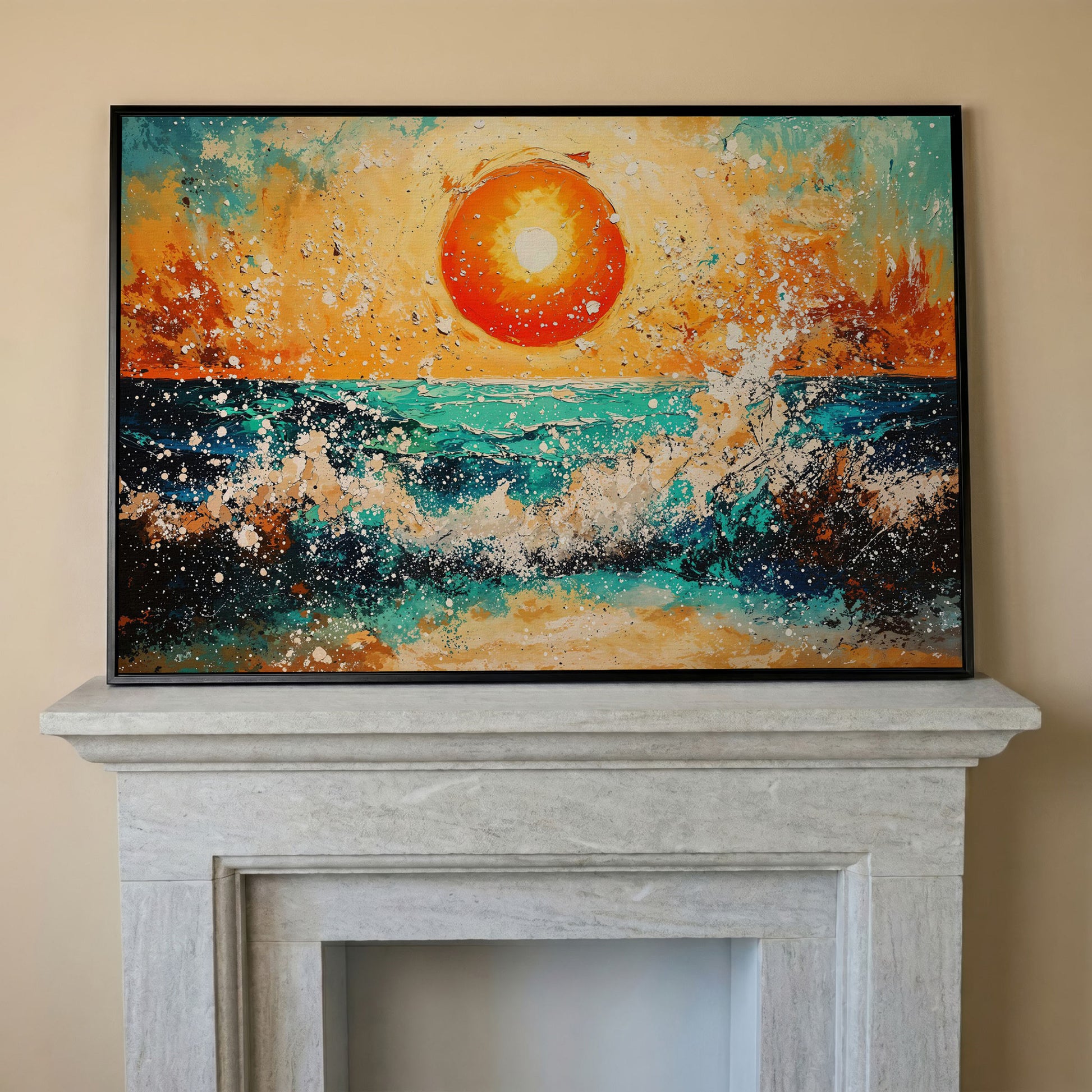 Ocean Sunset with Crashing Waves Canvas Wall Art in black floating frame