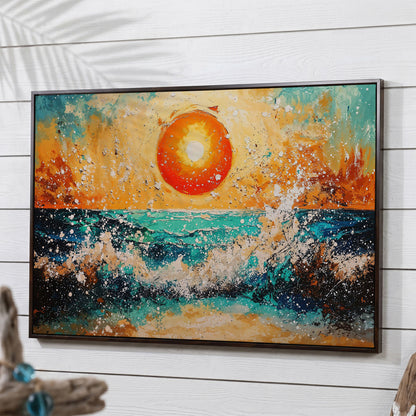 Ocean Sunset with Crashing Waves Canvas Wall Art in dark walnut floating frame