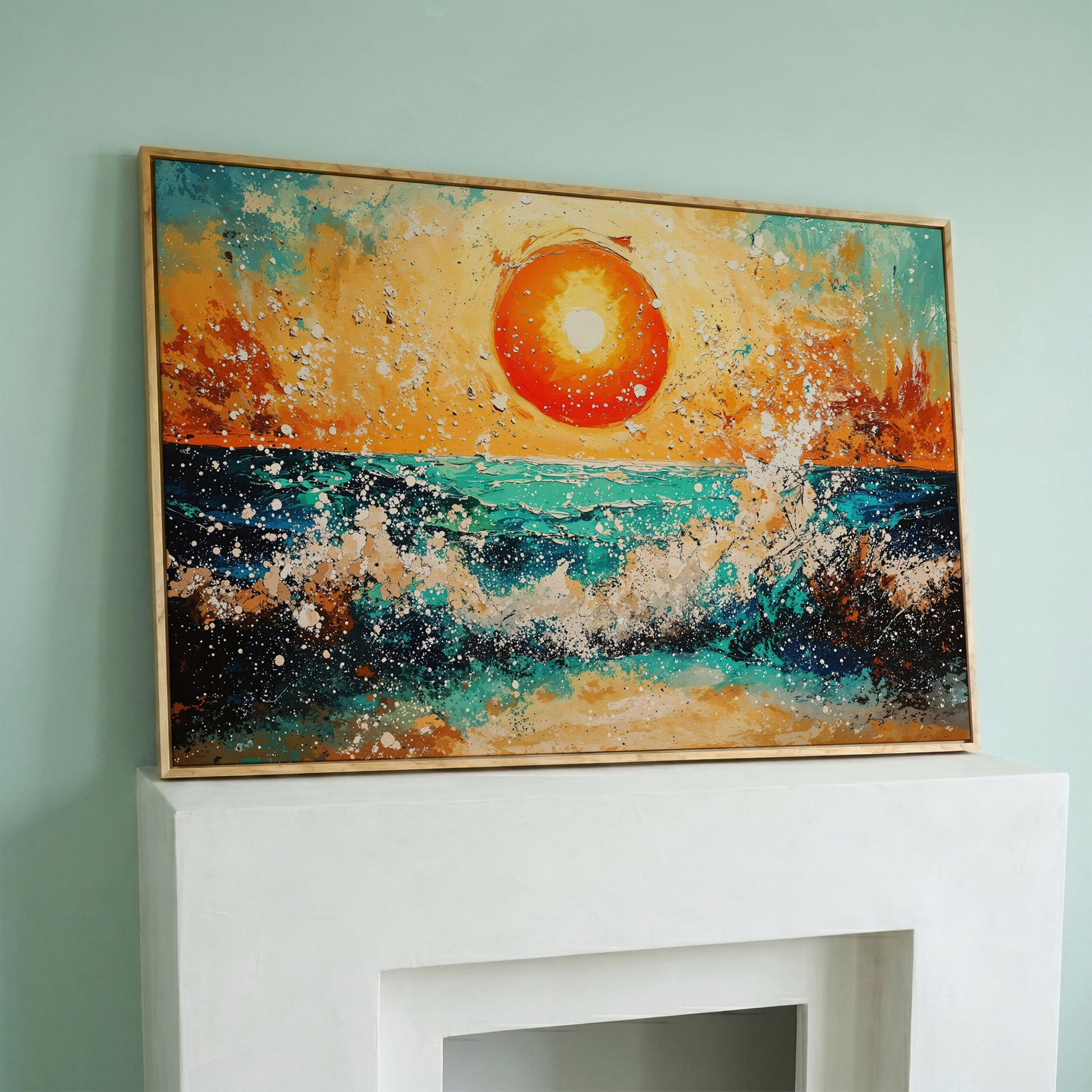 Ocean Sunset with Crashing Waves Canvas Wall Art in white oak floating frame
