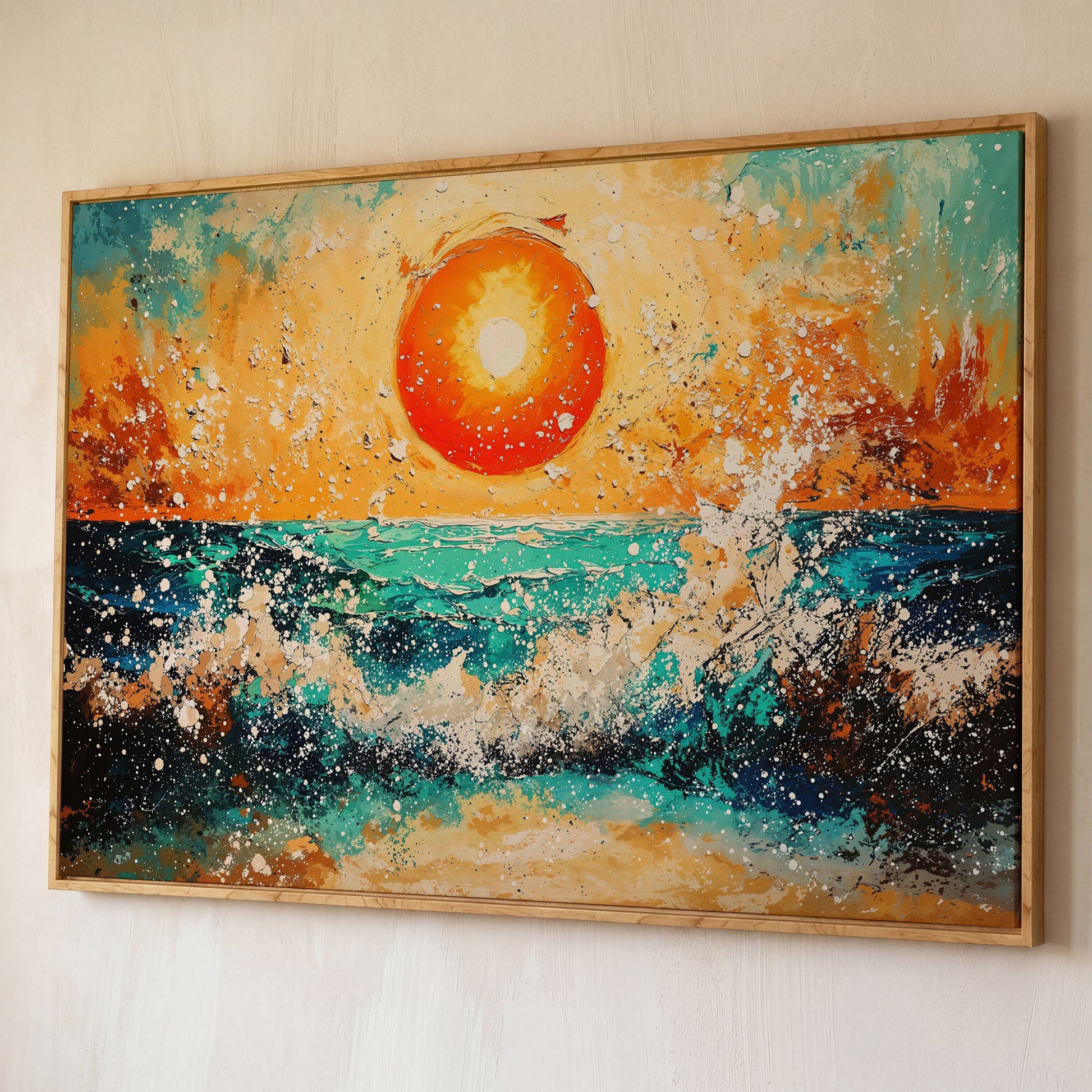 Ocean Sunset with Crashing Waves Canvas Wall Art shown in white oak floating frame