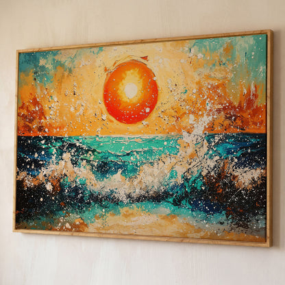 Ocean Sunset with Crashing Waves Canvas Wall Art shown in white oak floating frame
