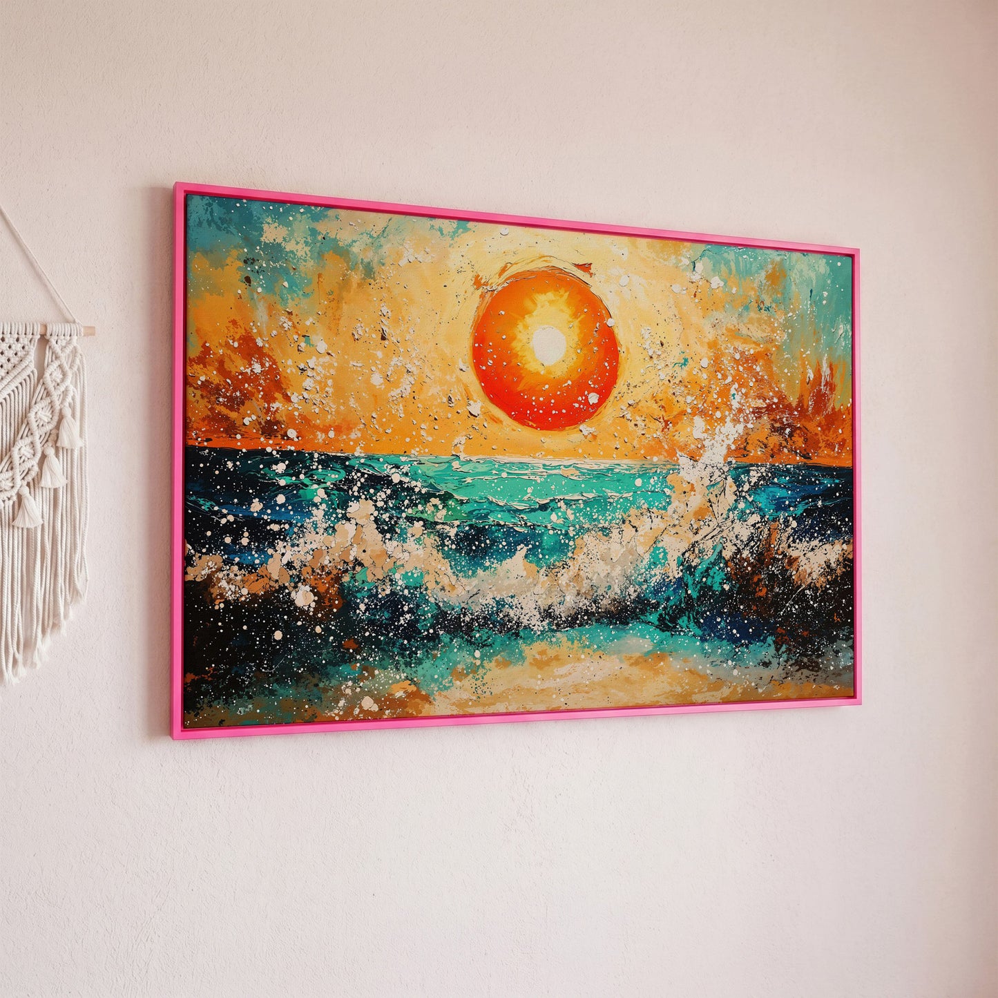 Ocean Sunset with Crashing Waves Canvas Wall Art in pink floating frame