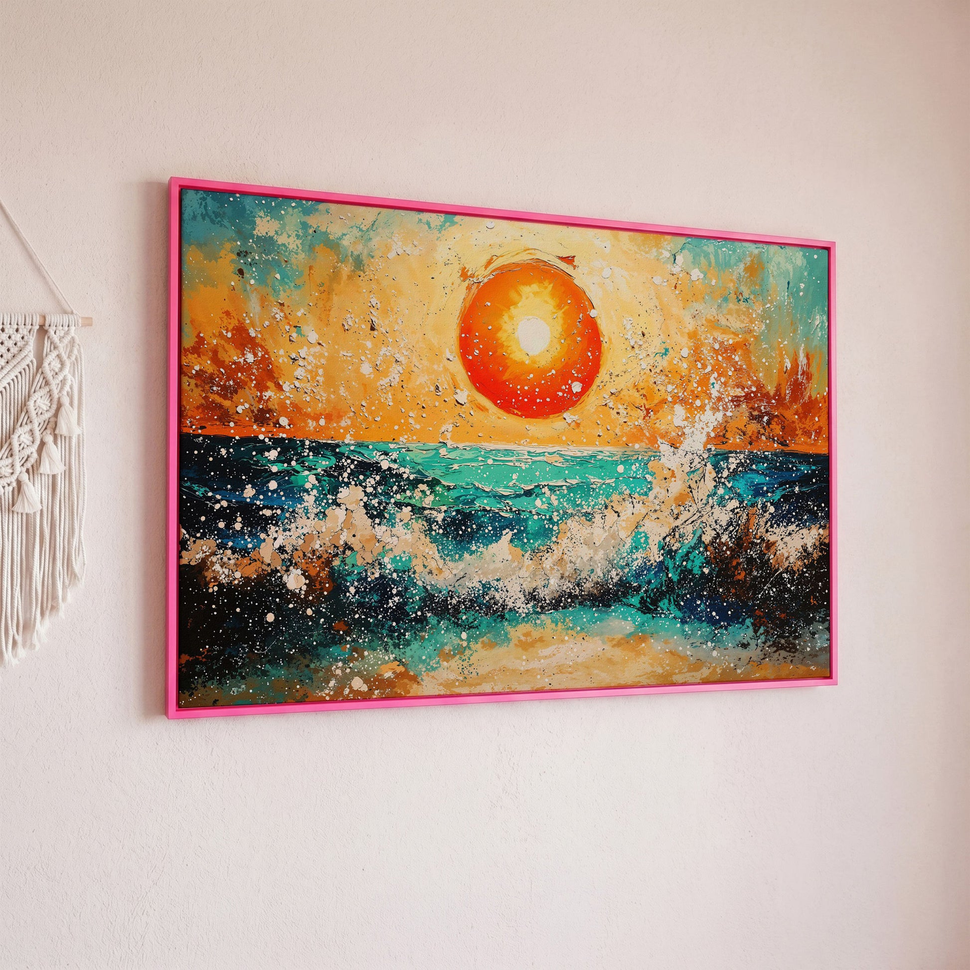 Ocean Sunset with Crashing Waves Canvas Wall Art in pink floating frame