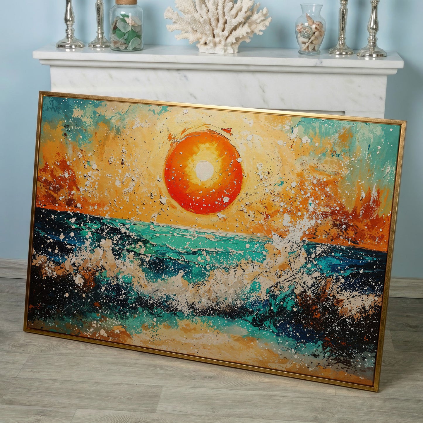 Ocean Sunset with Crashing Waves Canvas Wall Art in rose gold floating frame