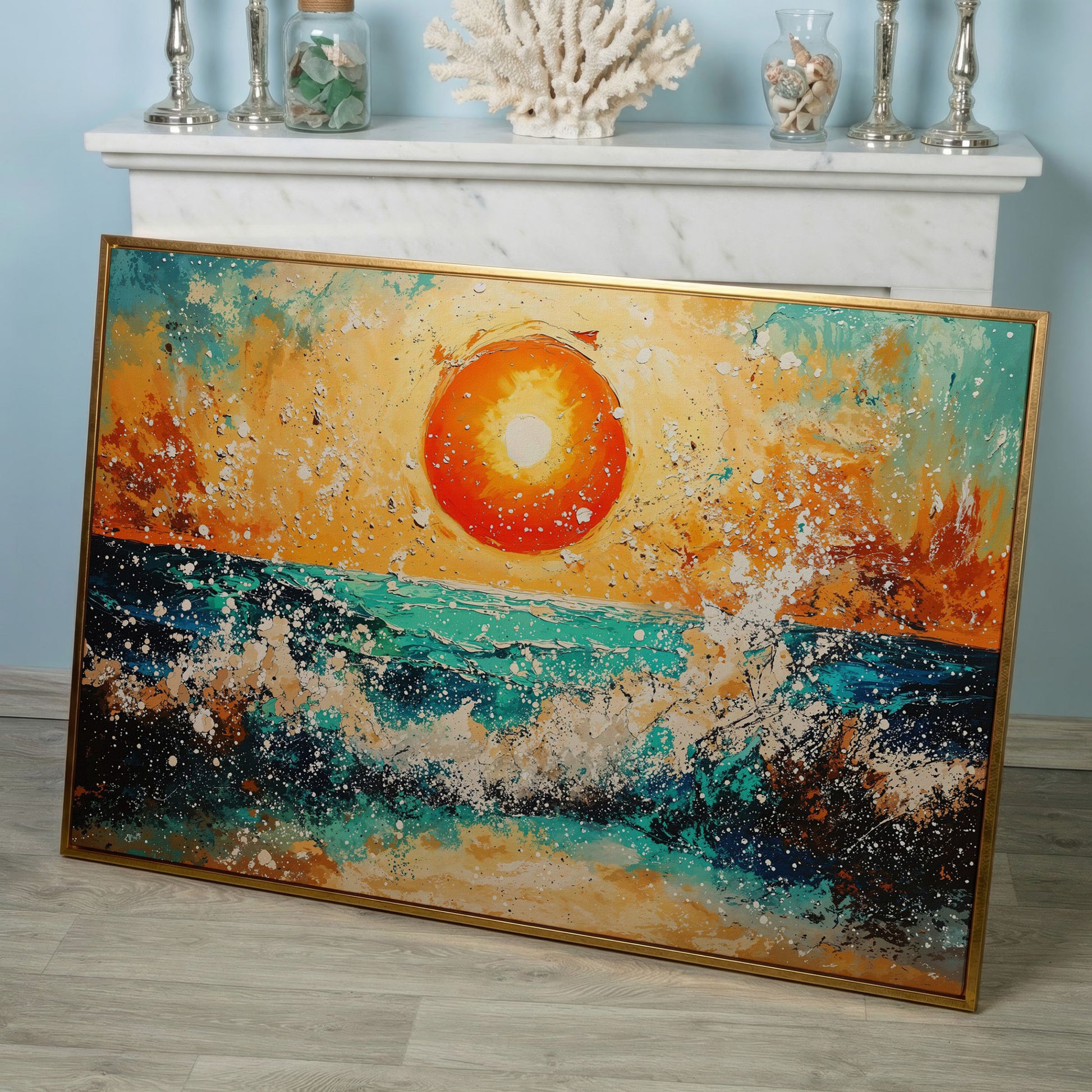 Ocean Sunset with Crashing Waves Canvas Wall Art in rose gold floating frame