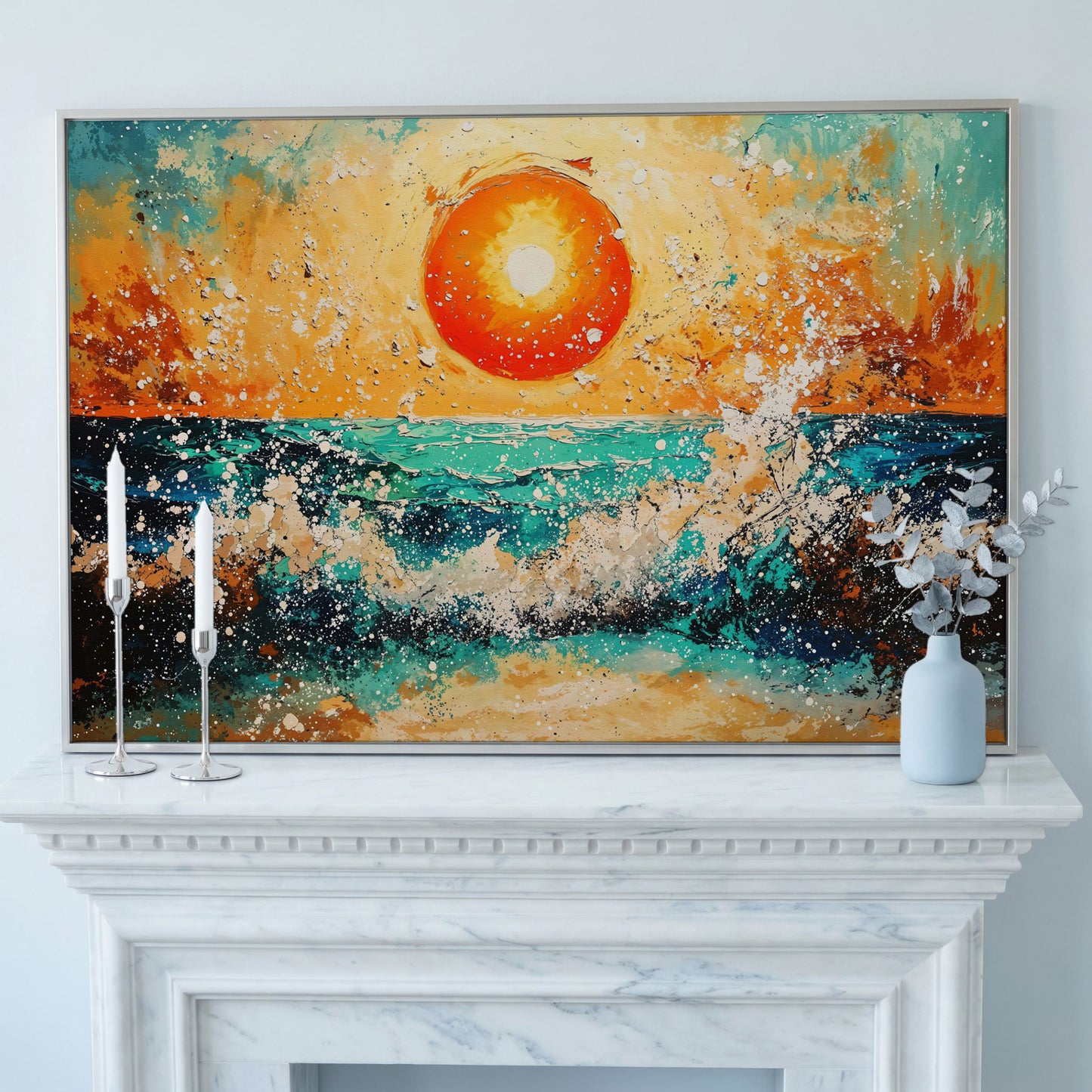 Ocean Sunset with Crashing Waves Canvas Wall Art in silver floating frame