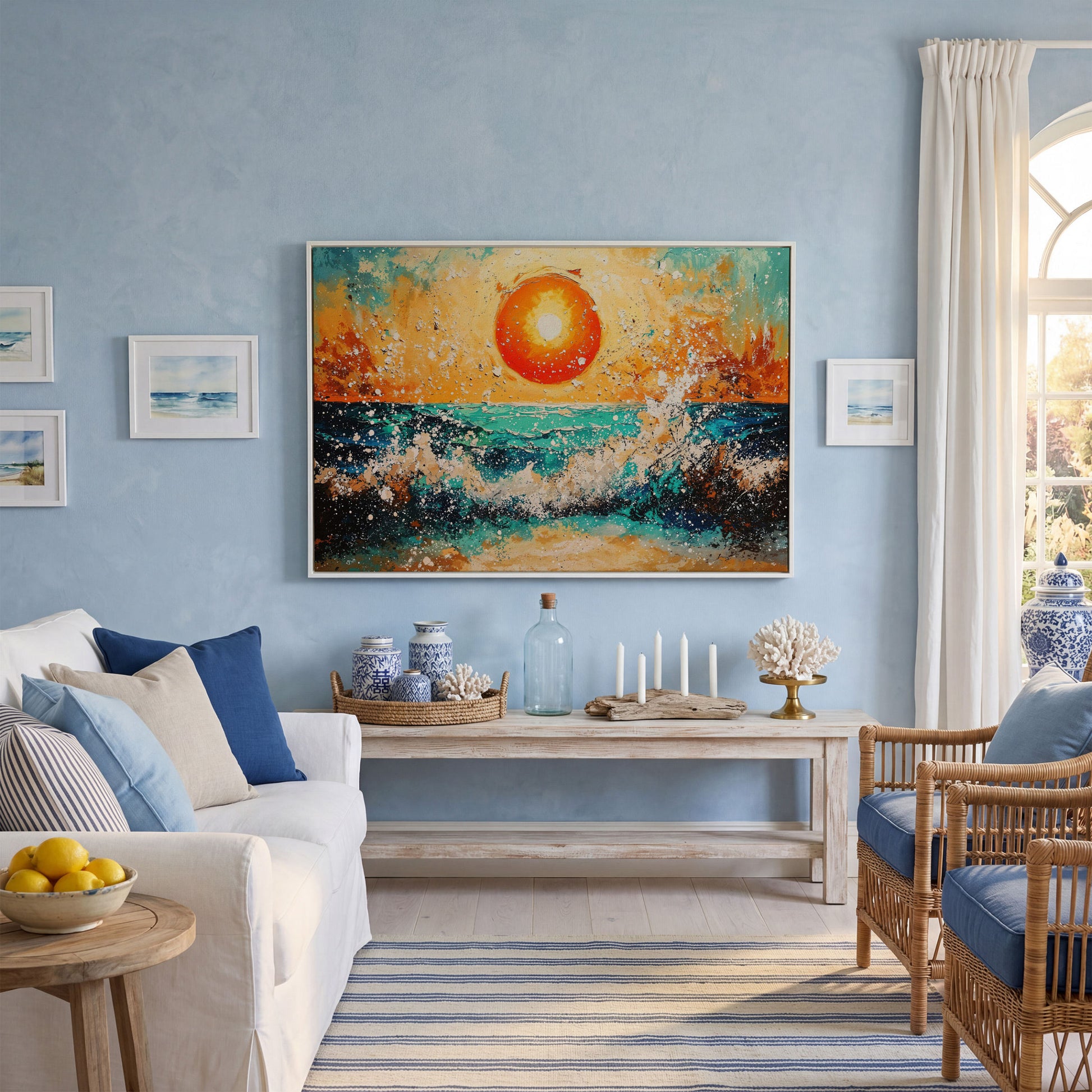 Ocean Sunset with Crashing Waves Canvas Wall Art in white floating frame