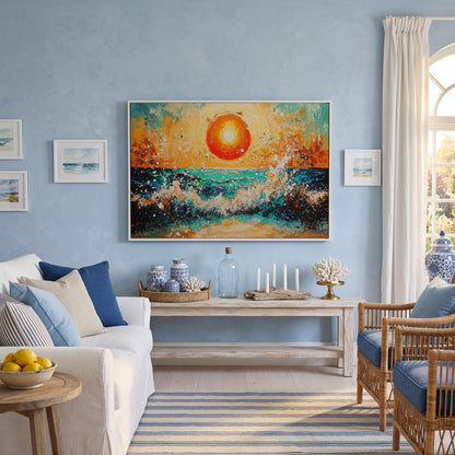 Ocean Sunset with Crashing Waves Canvas Wall Art in white floating frame