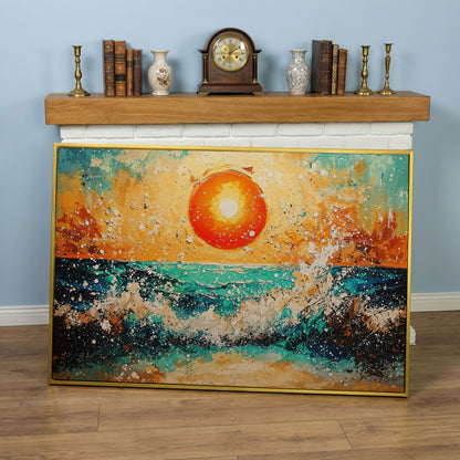 Ocean Sunset with Crashing Waves Canvas Wall Art in yellow gold floating frame
