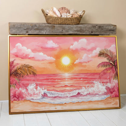 Tropical Sunset Seascape Canvas Art with Palm Trees and Ocean in antique gold floating frame