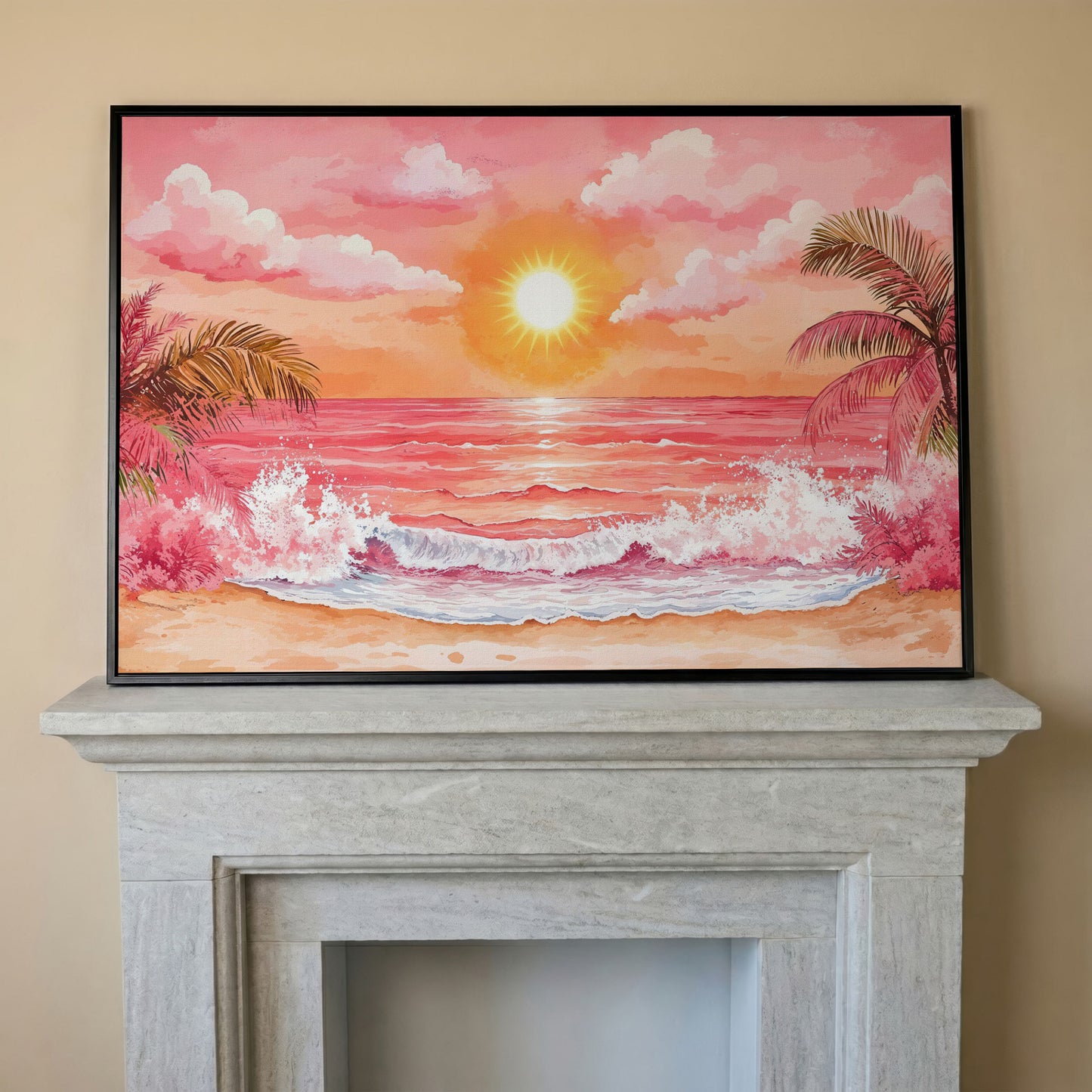 Tropical Sunset Seascape Canvas Art with Palm Trees and Ocean in black floating frame