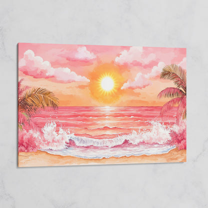Tropical Sunset Seascape Canvas Art with Palm Trees and Ocean on gallery wrap