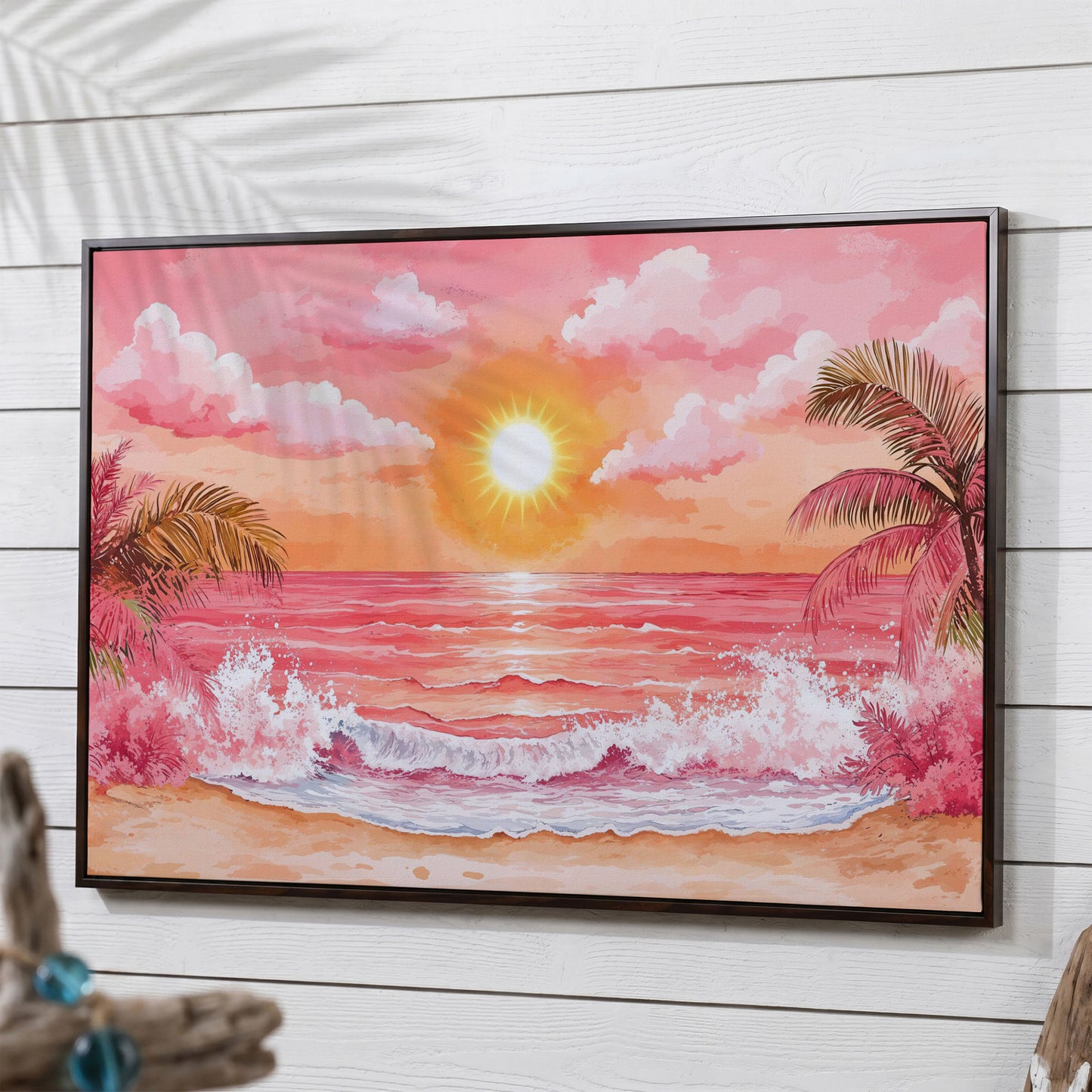 Tropical Sunset Seascape Canvas Art with Palm Trees and Ocean in dark walnut floating frame