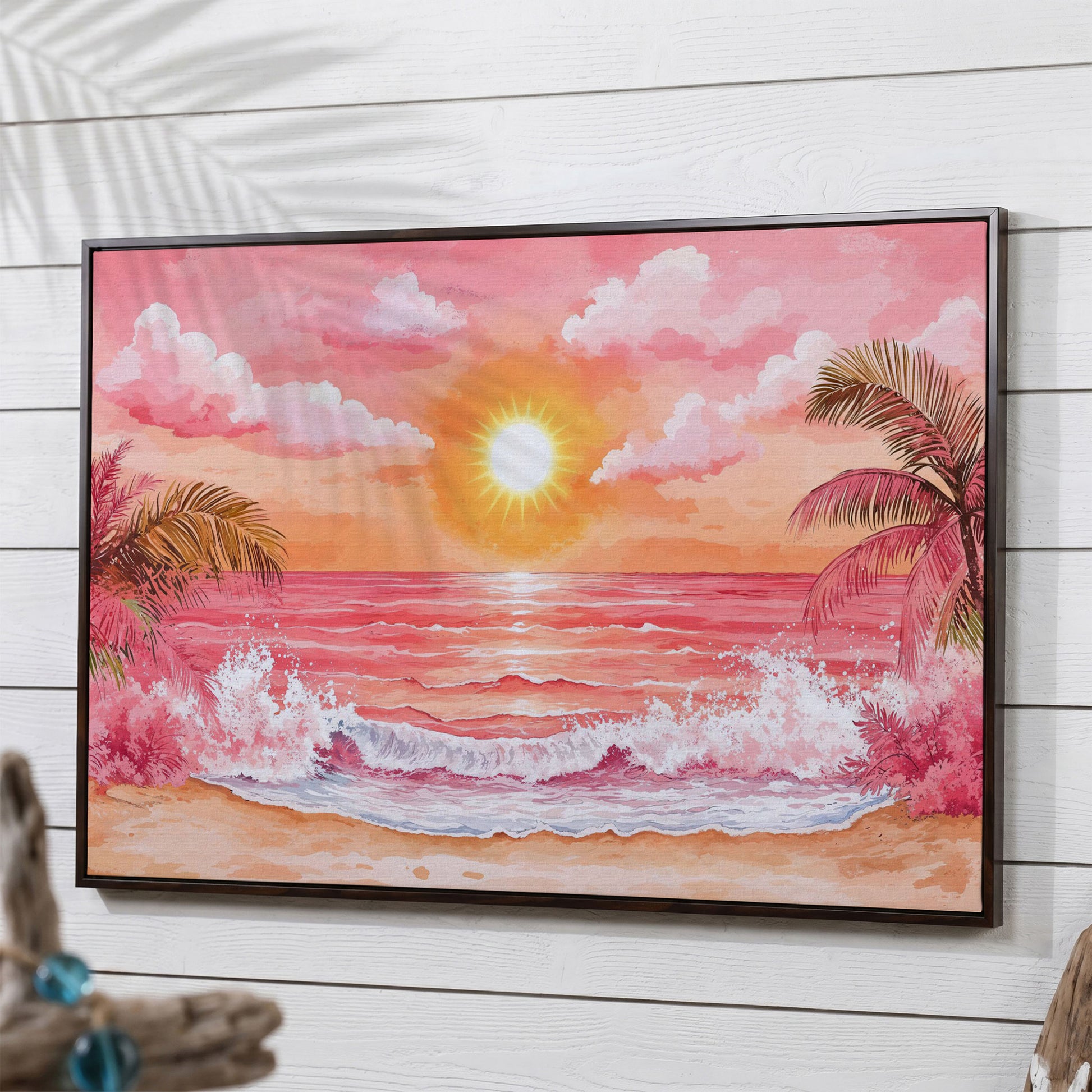 Tropical Sunset Seascape Canvas Art with Palm Trees and Ocean in dark walnut floating frame