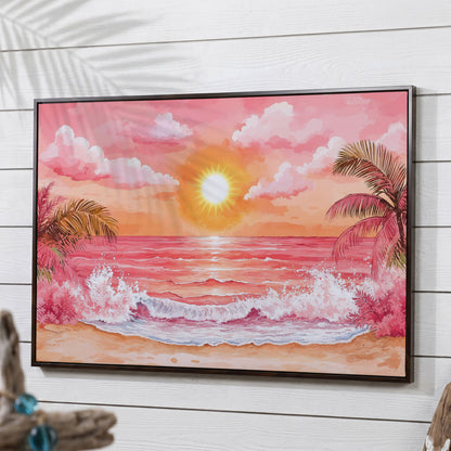 Tropical Sunset Seascape Canvas Art with Palm Trees and Ocean in dark walnut floating frame