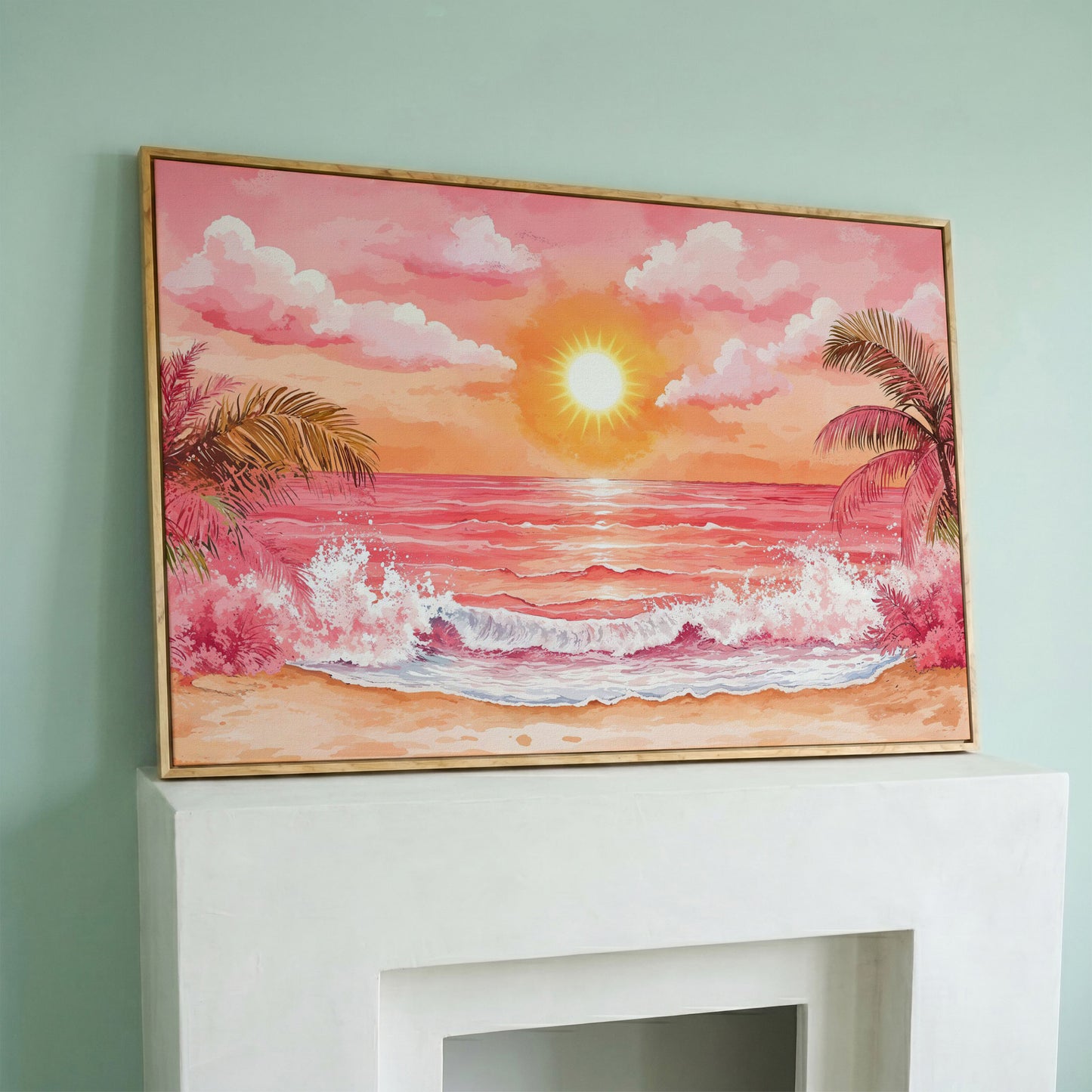 Tropical Sunset Seascape Canvas Art with Palm Trees and Ocean in white oak floating frame