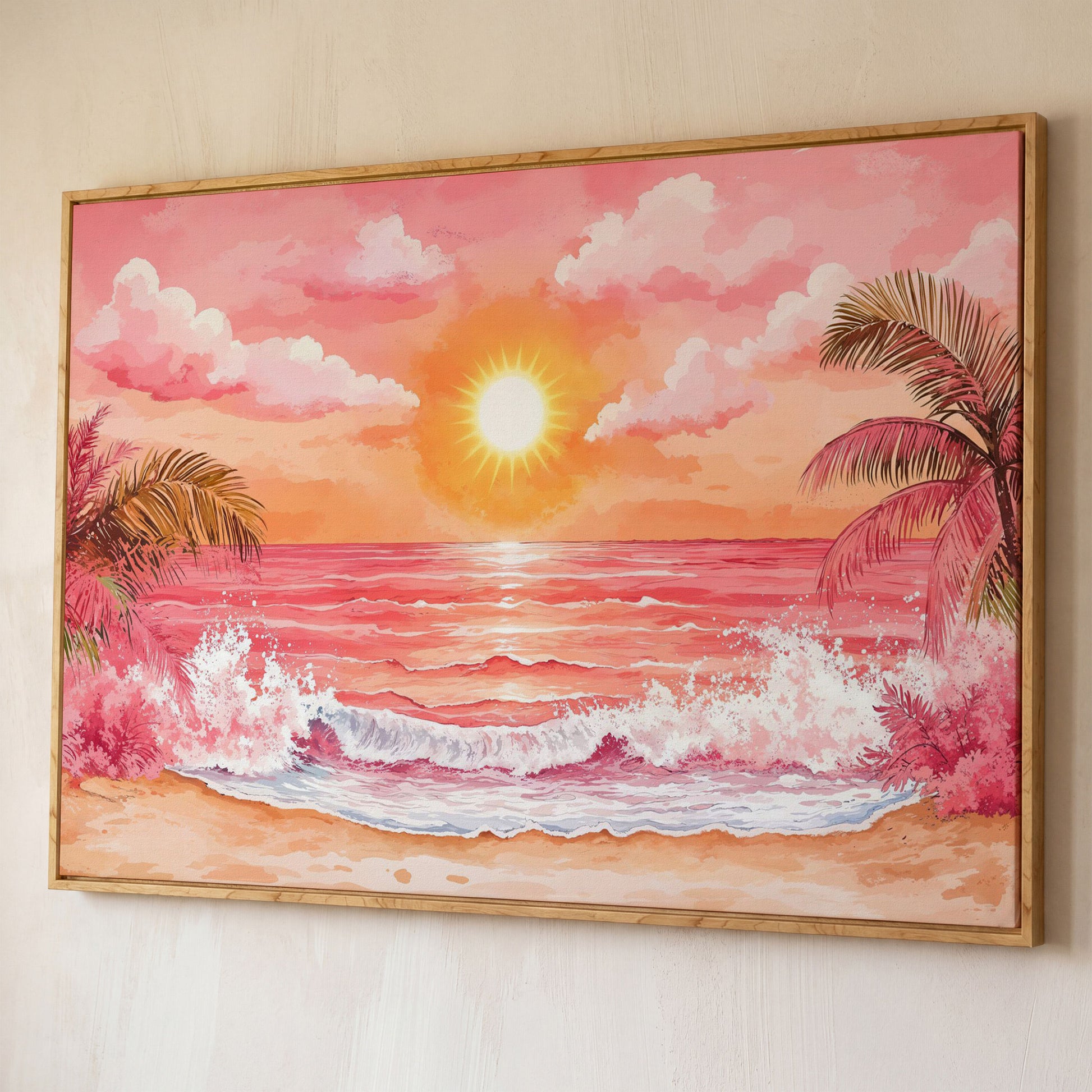 Tropical Sunset Seascape Canvas Art with Palm Trees and Ocean shown in white oak floating frame