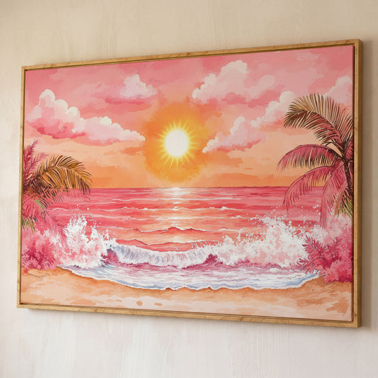 Tropical Sunset Seascape Canvas Art with Palm Trees and Ocean shown in white oak floating frame