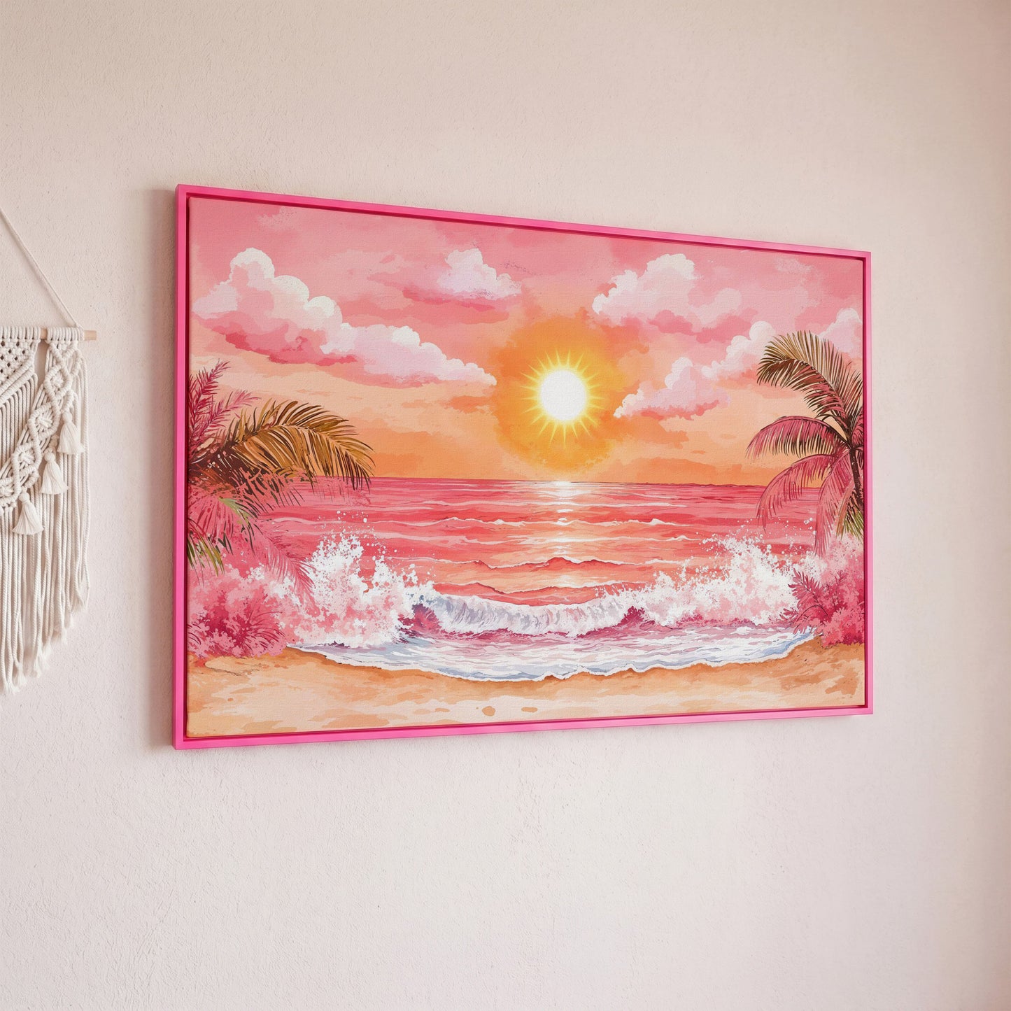 Tropical Sunset Seascape Canvas Art with Palm Trees and Ocean in pink floating frame