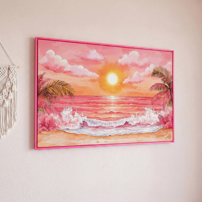 Tropical Sunset Seascape Canvas Art with Palm Trees and Ocean in pink floating frame