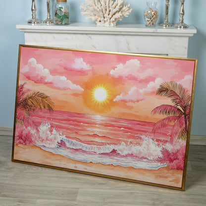 Tropical Sunset Seascape Canvas Art with Palm Trees and Ocean in rose gold floating frame