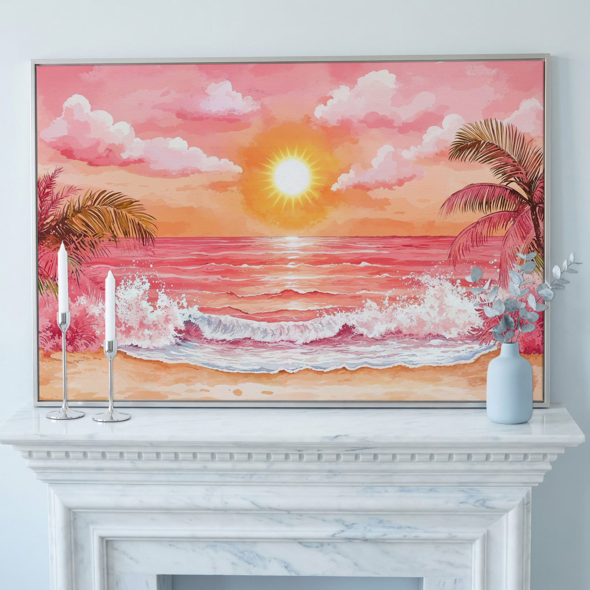 Tropical Sunset Seascape Canvas Art with Palm Trees and Ocean in silver floating frame