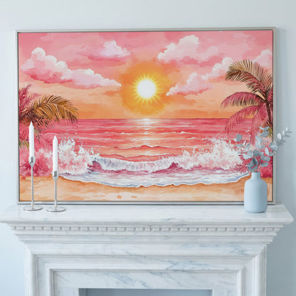 Tropical Sunset Seascape Canvas Art with Palm Trees and Ocean in silver floating frame