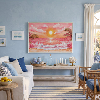 Tropical Sunset Seascape Canvas Art with Palm Trees and Ocean in white floating frame
