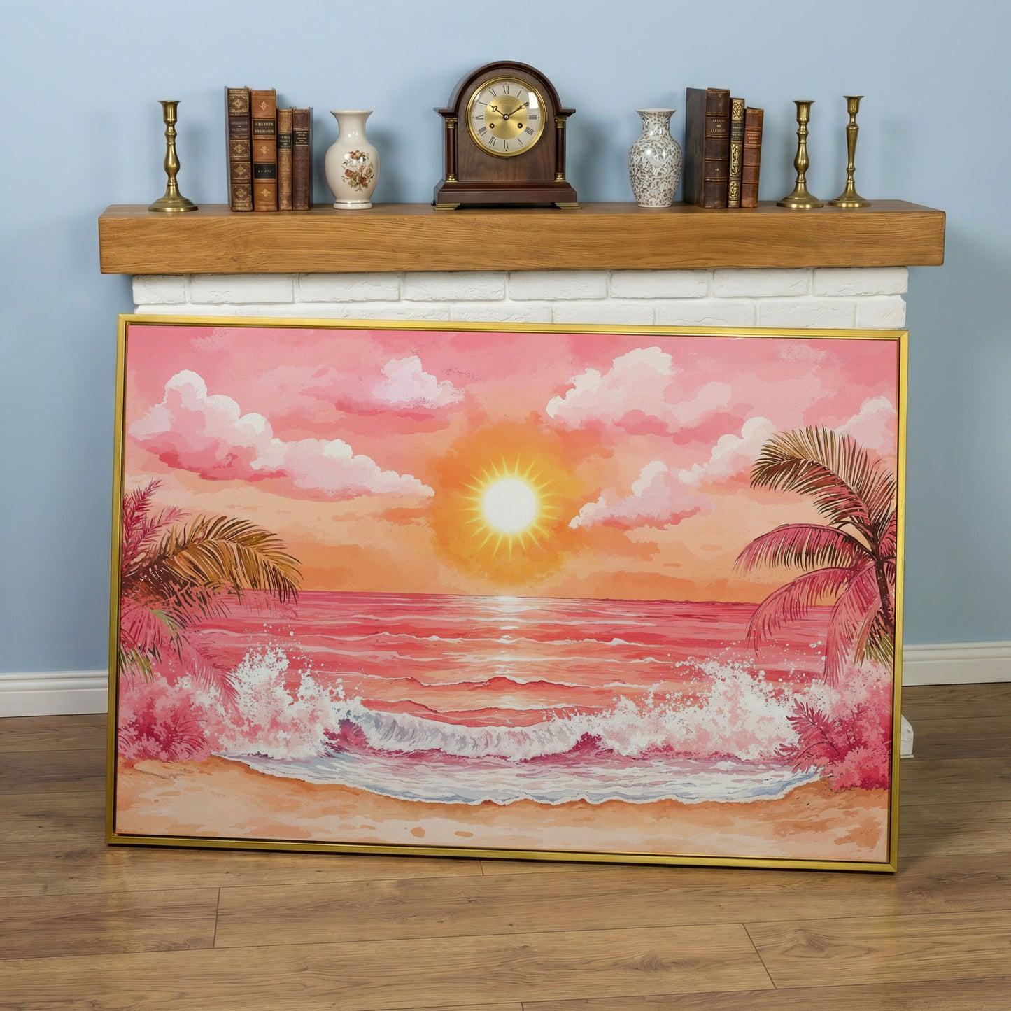 Tropical Sunset Seascape Canvas Art with Palm Trees and Ocean in yellow gold floating frame