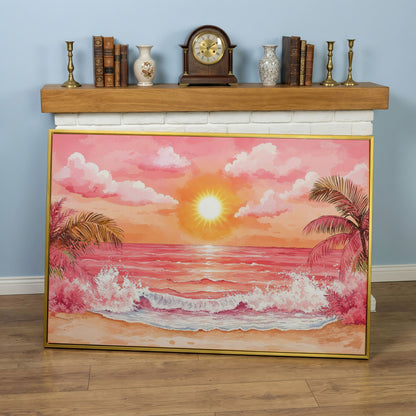 Tropical Sunset Seascape Canvas Art with Palm Trees and Ocean in yellow gold floating frame