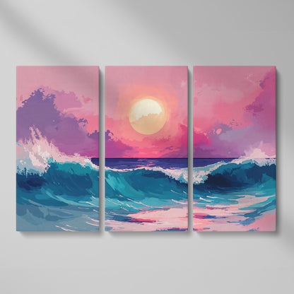 Ocean Waves at Sunset Canvas Art, Stylized Seascape as 3-panel split version