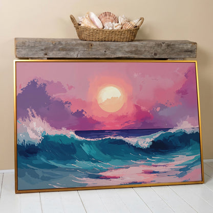 Ocean Waves at Sunset Canvas Art, Stylized Seascape in antique gold floating frame