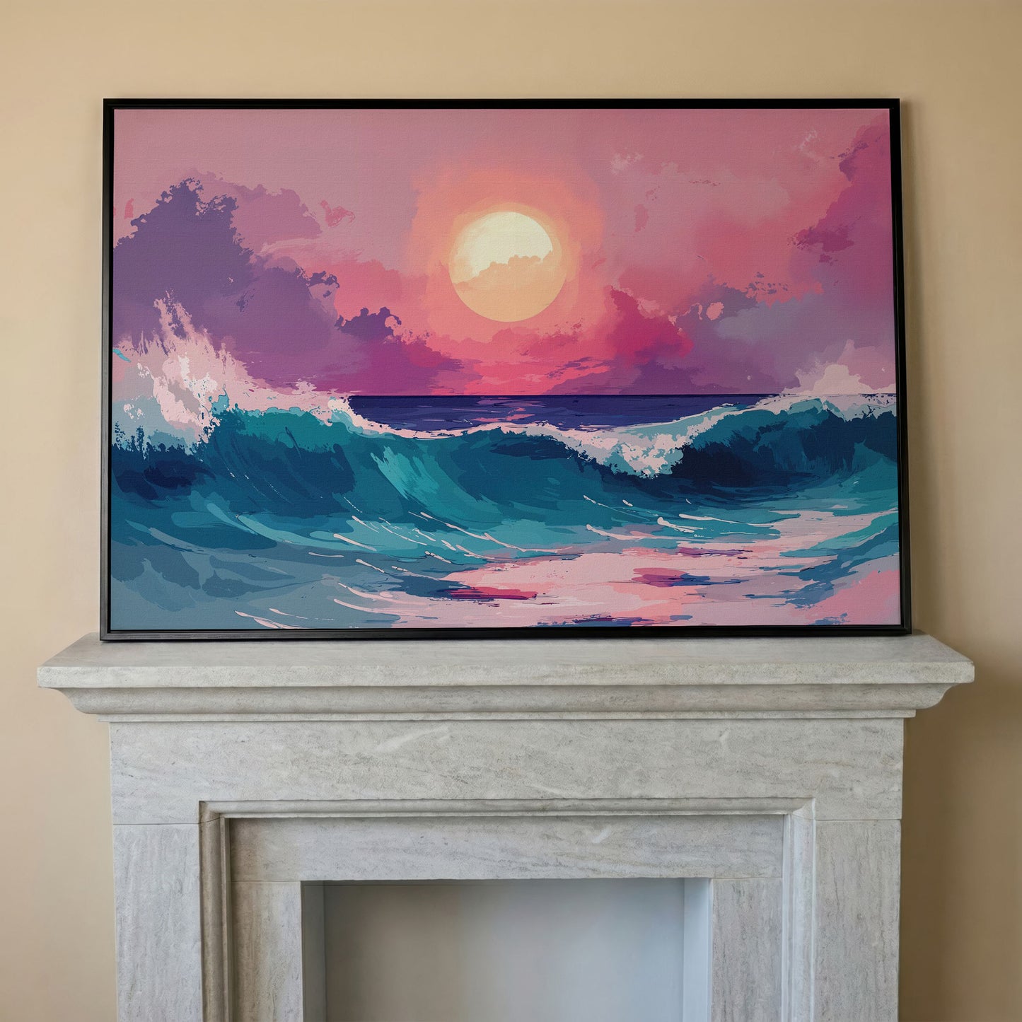 Ocean Waves at Sunset Canvas Art, Stylized Seascape in black floating frame