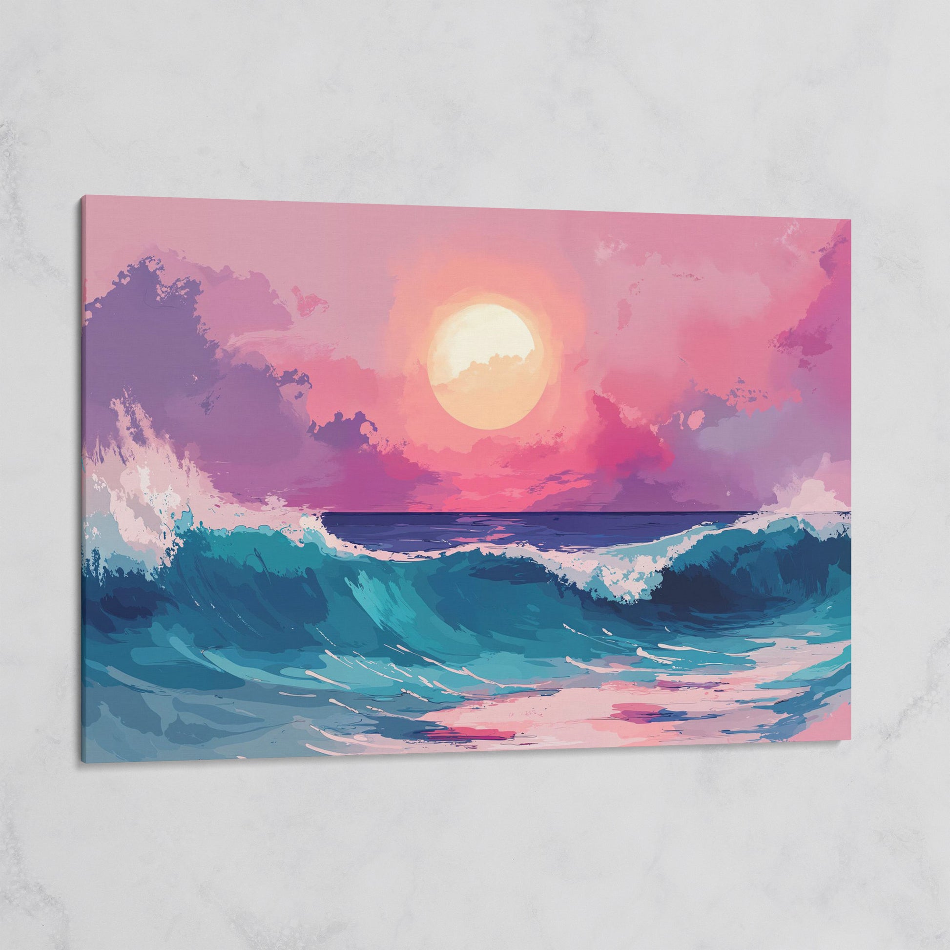 Ocean Waves at Sunset Canvas Art, Stylized Seascape on gallery wrap