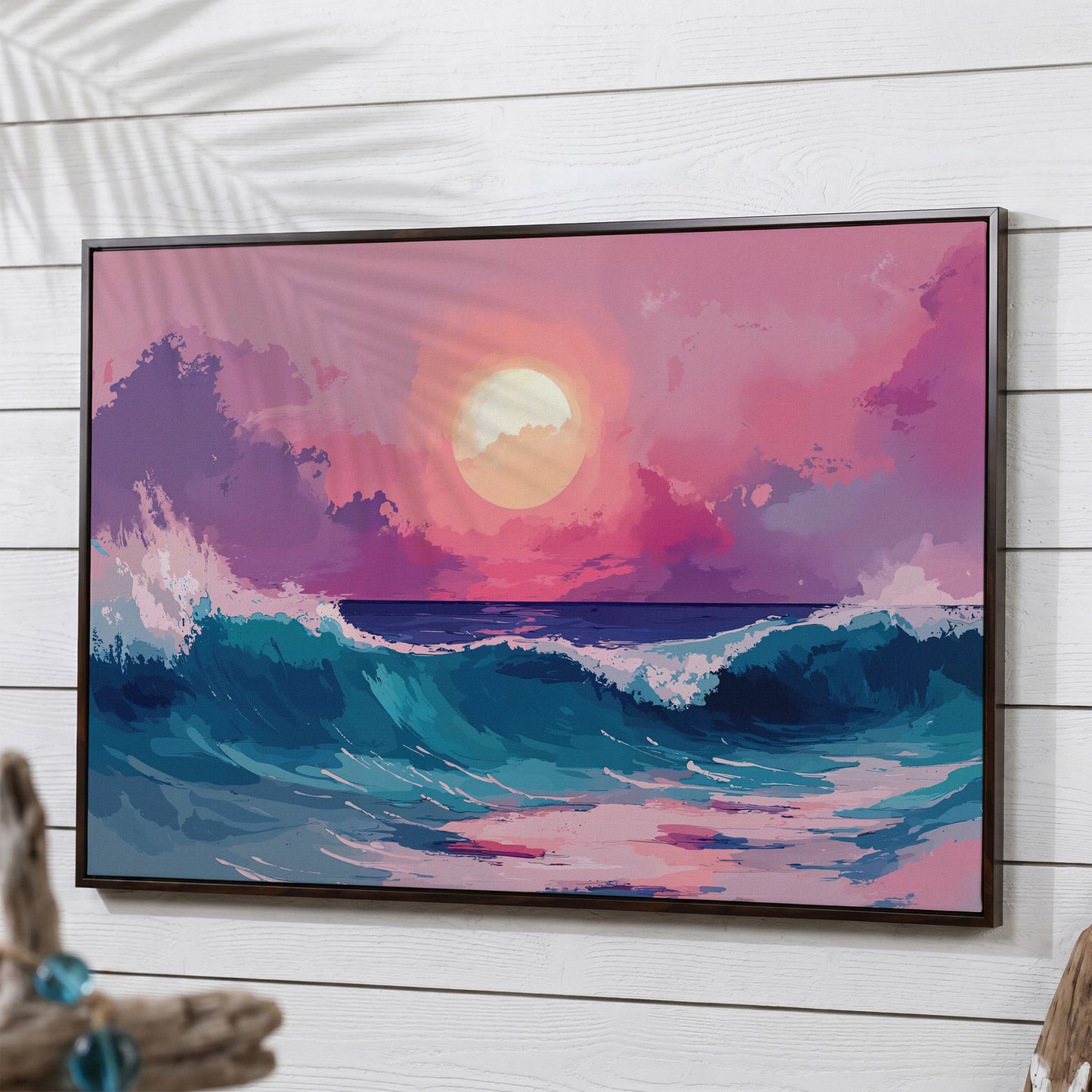 Ocean Waves at Sunset Canvas Art, Stylized Seascape in dark walnut floating frame
