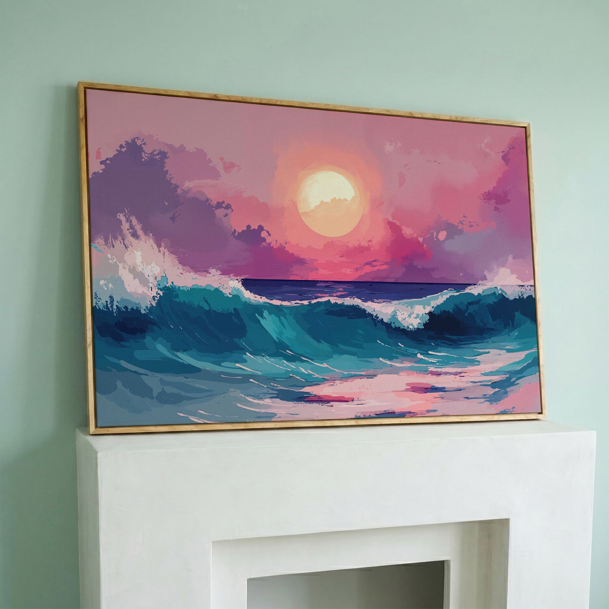 Ocean Waves at Sunset Canvas Art, Stylized Seascape in white oak floating frame