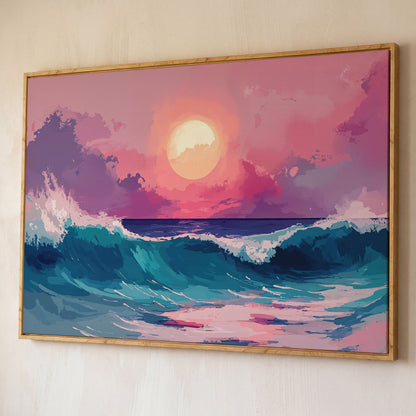 Ocean Waves at Sunset Canvas Art, Stylized Seascape shown in white oak floating frame