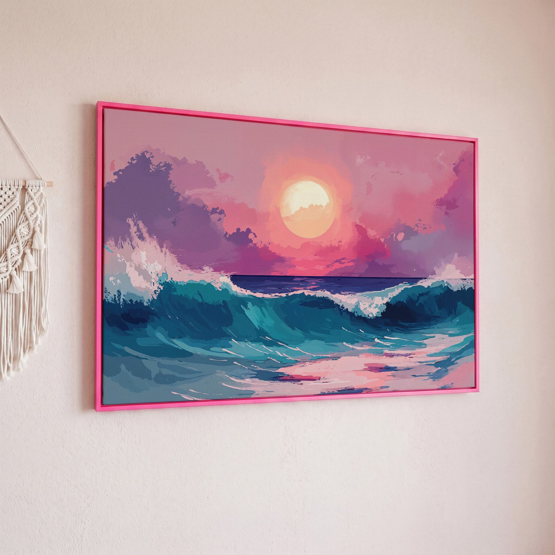 Ocean Waves at Sunset Canvas Art, Stylized Seascape in pink floating frame