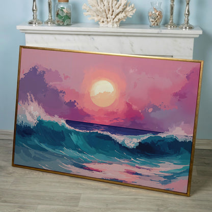 Ocean Waves at Sunset Canvas Art, Stylized Seascape in rose gold floating frame