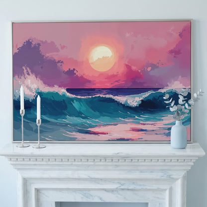 Ocean Waves at Sunset Canvas Art, Stylized Seascape in silver floating frame