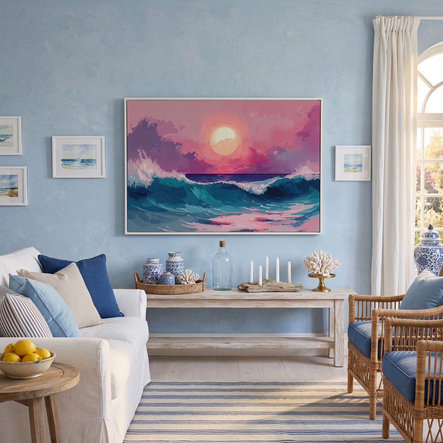 Ocean Waves at Sunset Canvas Art, Stylized Seascape in white floating frame