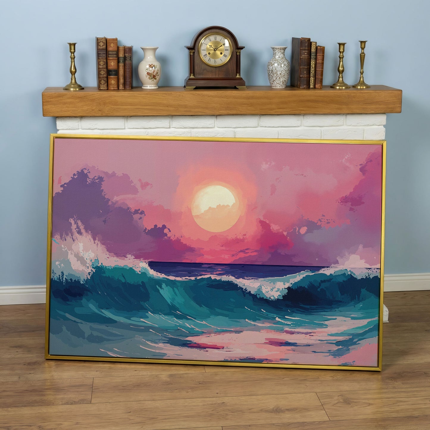 Ocean Waves at Sunset Canvas Art, Stylized Seascape in yellow gold floating frame