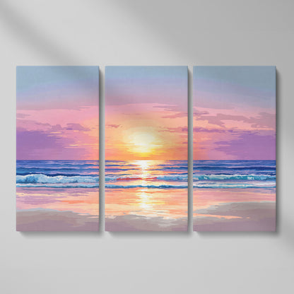 Ocean Sunset Canvas Art. Waves, Light and Wet Sand as 3-panel split version