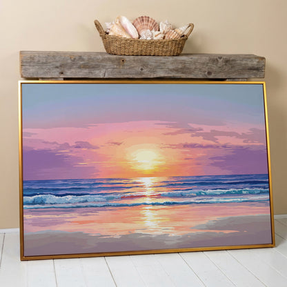 Ocean Sunset Canvas Art. Waves, Light and Wet Sand in antique gold floating frame