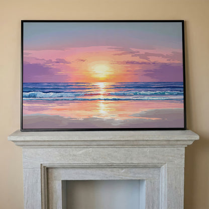 Ocean Sunset Canvas Art. Waves, Light and Wet Sand in black floating frame