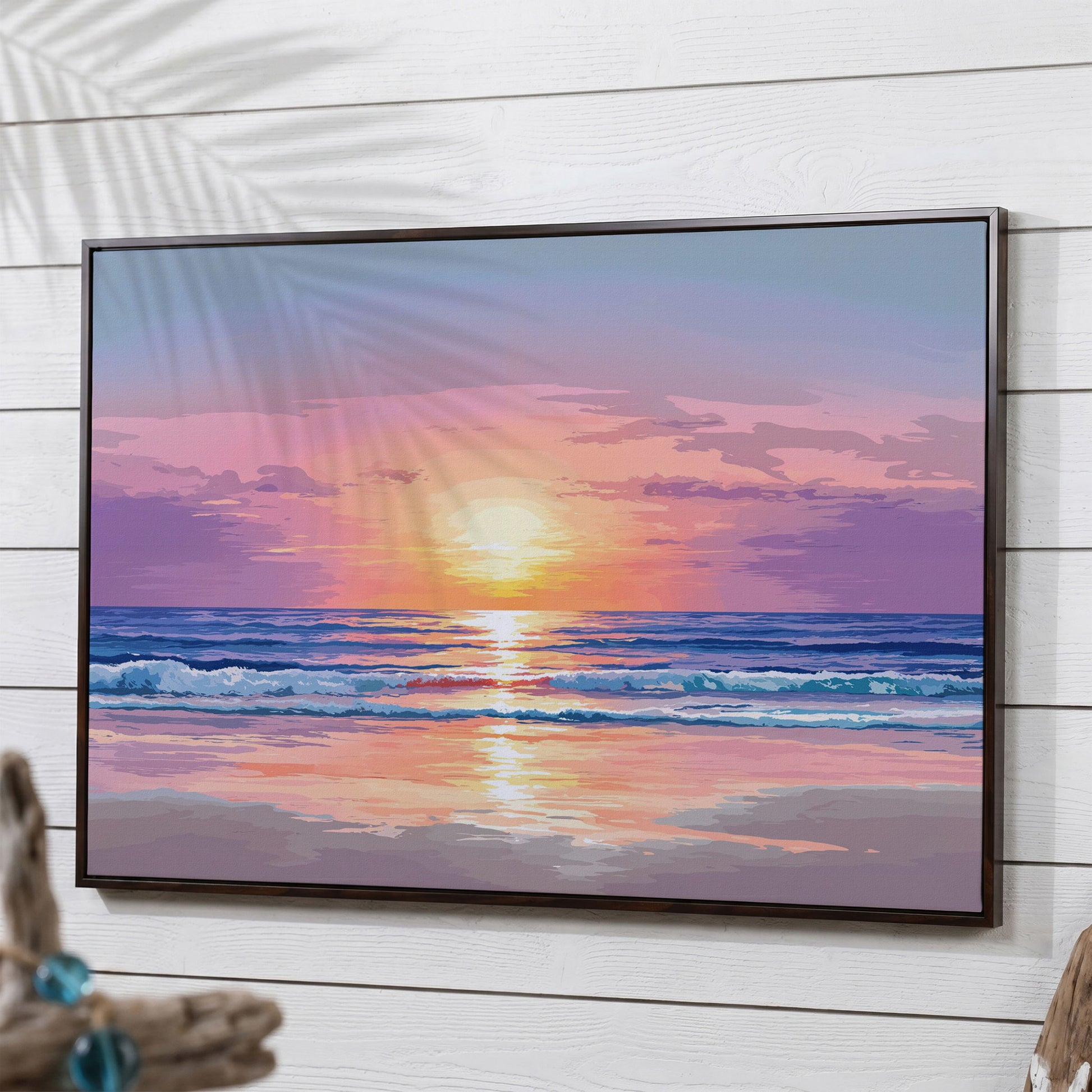 Ocean Sunset Canvas Art. Waves, Light and Wet Sand in dark walnut floating frame