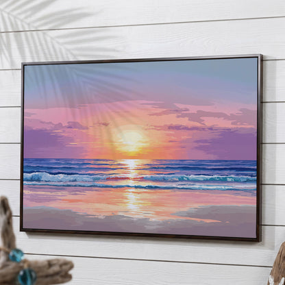 Ocean Sunset Canvas Art. Waves, Light and Wet Sand in dark walnut floating frame