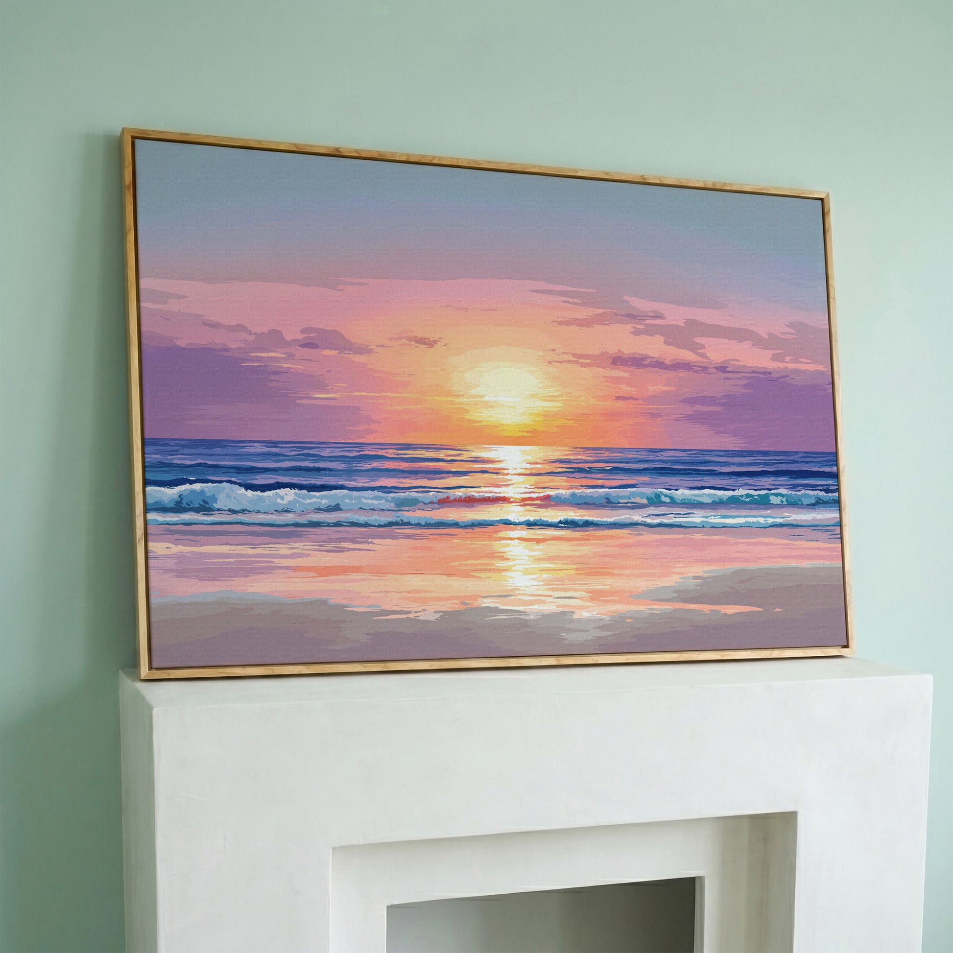 Ocean Sunset Canvas Art. Waves, Light and Wet Sand in white oak floating frame